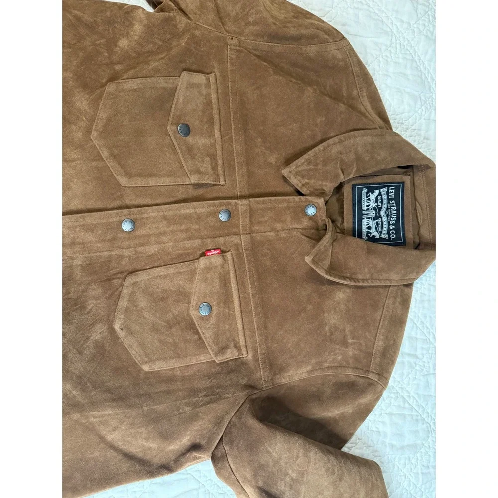 Levis Mens Faux Suede Trucker Jacket Brown Zip Front Snap Shirt Jacket Medium - Picture 4 of 13